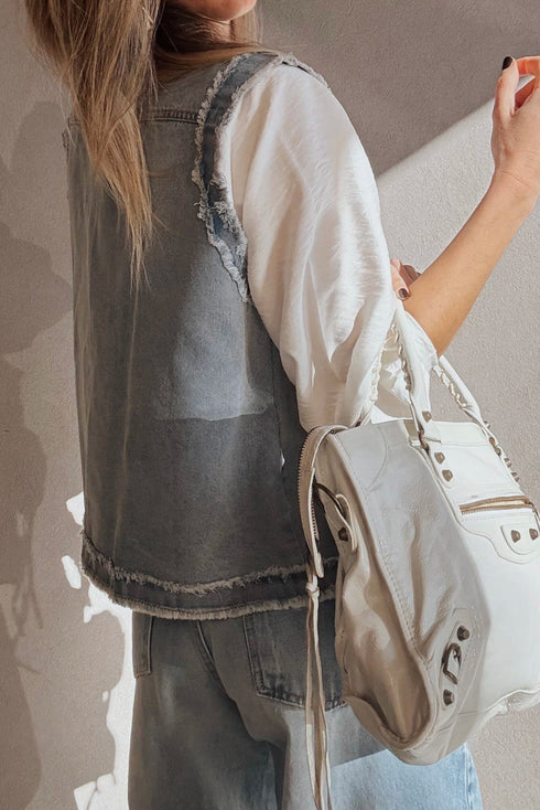 Frayed Edge Snap Front Flap Pocket Denim Vests